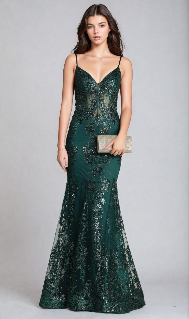 A woman wears the Long Glitter-Print Prom Dress: Chicas C813, a fitted dark green mermaid gown with thin straps and a sheer corset waist, holding a glittery clutch against a plain background.